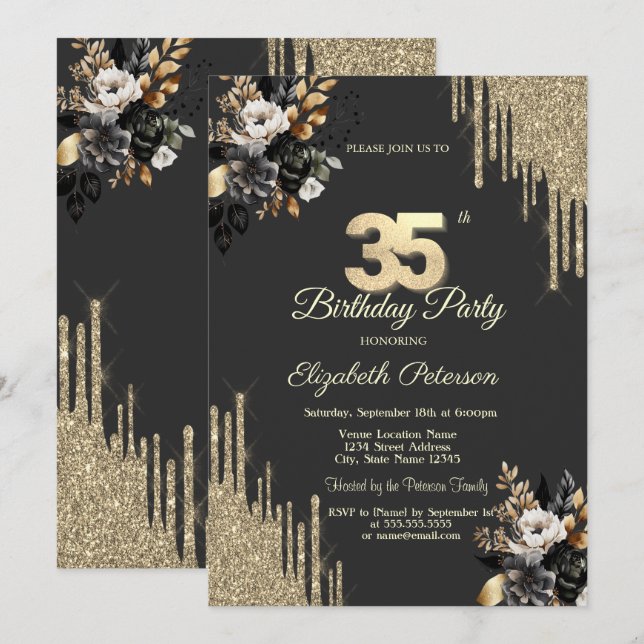 Invitation Gold Glitter Drips Black Roses Dark 35th Birthday (Devant / Derrière)