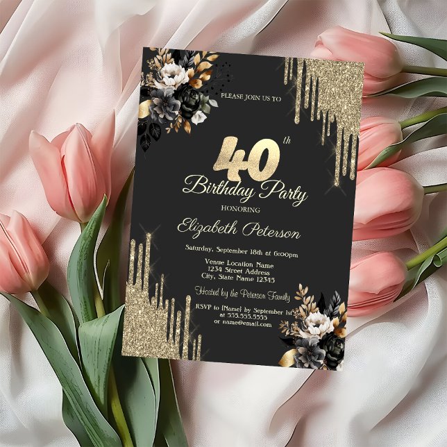 Invitation Gold Glitter Drips Black Roses Dark 40th Birthday (Créateur téléchargé)