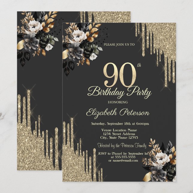 Invitation Gold Glitter Drips Black Roses Dark 90th Birthday (Devant / Derrière)