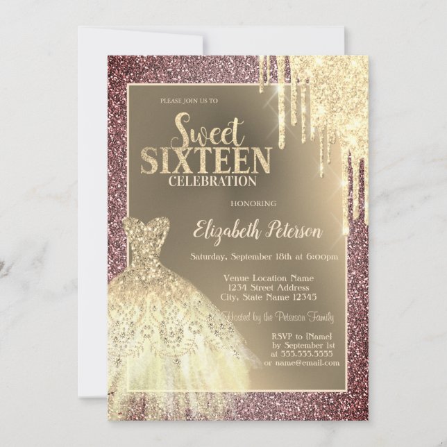 Invitation Gold Glitter Drips,Dress Glitter Sweet 16 (Devant)