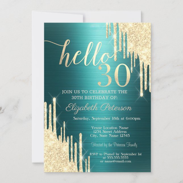 Invitation Gold Glitter Drips Green Metallic 30th Birthday (Devant)