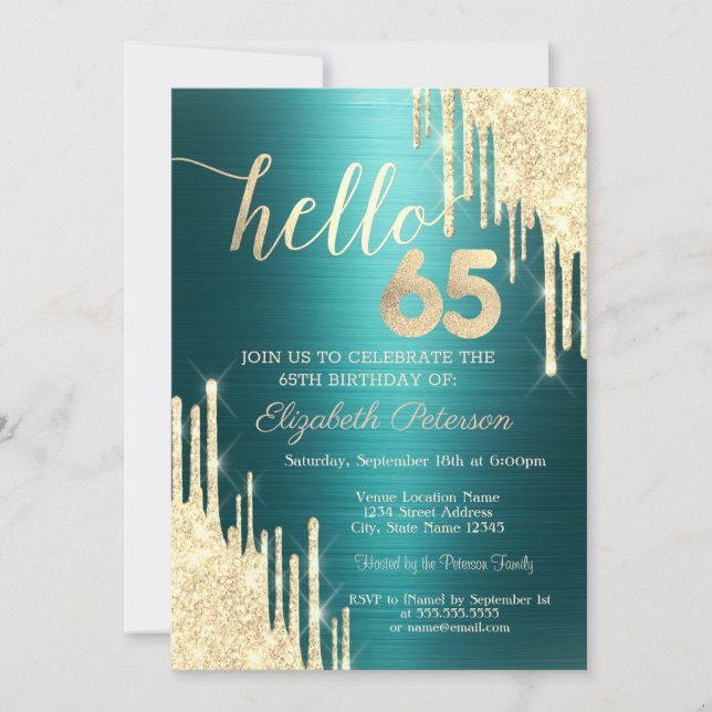 Invitation Gold Glitter Drips Green Metallic 65th Birthday (Devant)