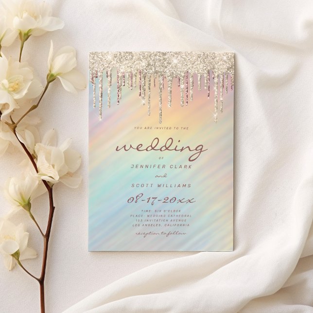 Invitation Gold Glitter Drips Rainbow Holographic Wedding (Créateur téléchargé)
