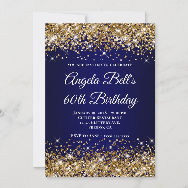Invitation Gold Glitter Navy Blue Ombre 60th Birthday (Devant)