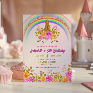 Invitation Gold Glitter Unicorn Floral Kids Birthday