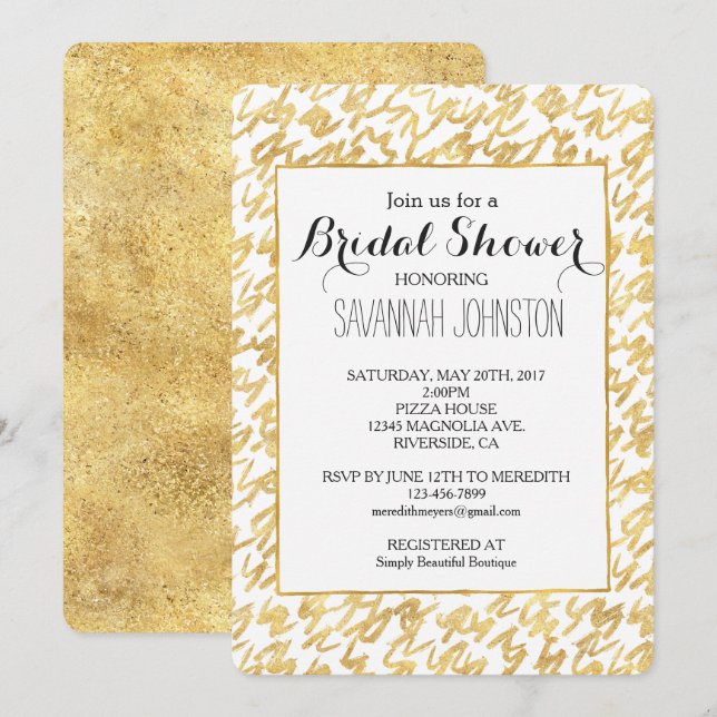Invitation Gold Glitz Abstrait Squiggles douche de nuptiale (Devant / Derrière)