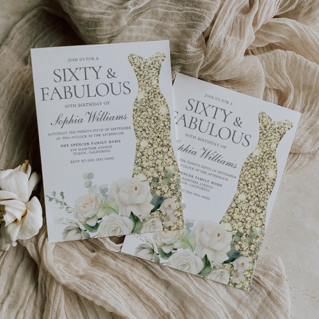 Invitation Gold Gown Fleurs blanches élégant 60e anniversaire (Créateur téléchargé)