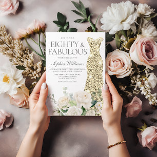 Invitation Gold Gown Fleurs blanches Élégant 80e anniversaire