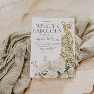 Invitation Gold Gown Fleurs blanches Elégant 90e anniversaire