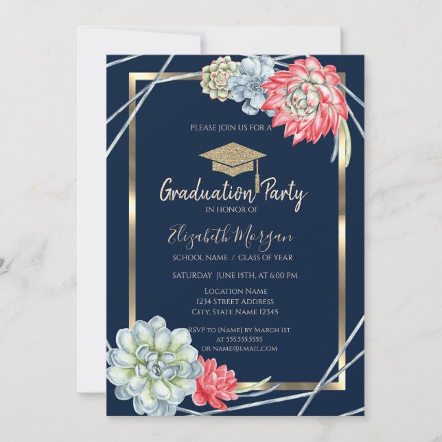 Invitation Gold Grad Casquette Aquarelle Desert Cactus Gradua (Devant)