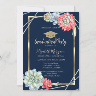 Invitation Gold Grad Casquette Aquarelle Desert Cactus Gradua