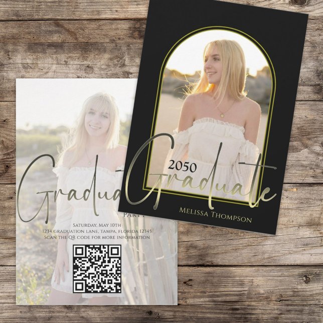 Invitation Gold Graduate Script Black Arch Photo QR Code (Créateur téléchargé)