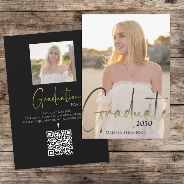 Invitation Gold Graduated Black Photo QR Code Social Media (Graduate gold typography script photo invitation announcement. )