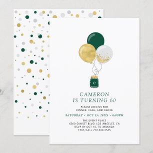 Invitation Gold & Green Balloons Moderne Adulte fête d'annive