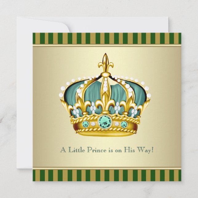 Invitation Gold Green Crown Prince Bébé Garçon Douche (Devant)