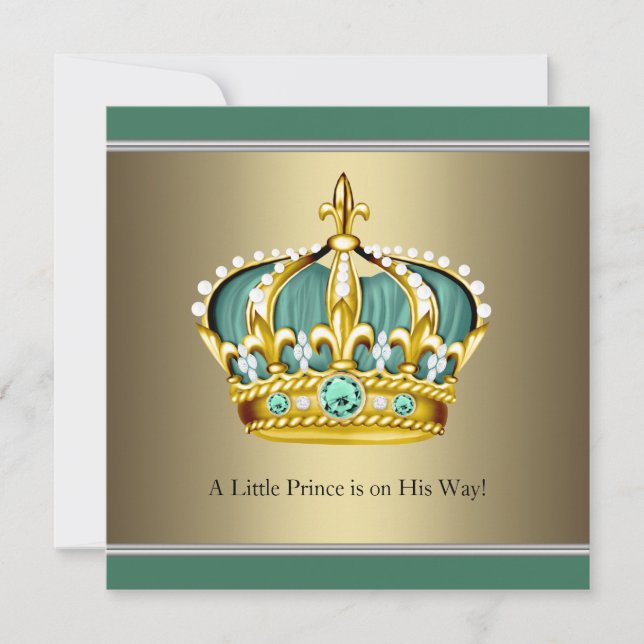 Invitation Gold Green Crown Prince Bébé Garçon Douche (Devant)
