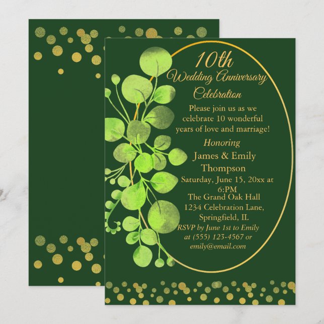 Invitation Gold & Green Eucalyptus 10e anniversaire de Mariag (Devant / Derrière)
