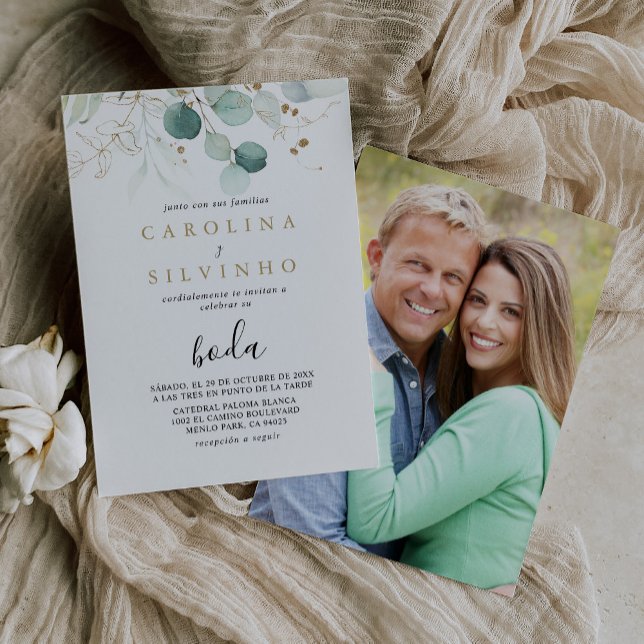 Invitation Gold Green Eucalyptus Calligraphie Boda Mariage (Créateur téléchargé)