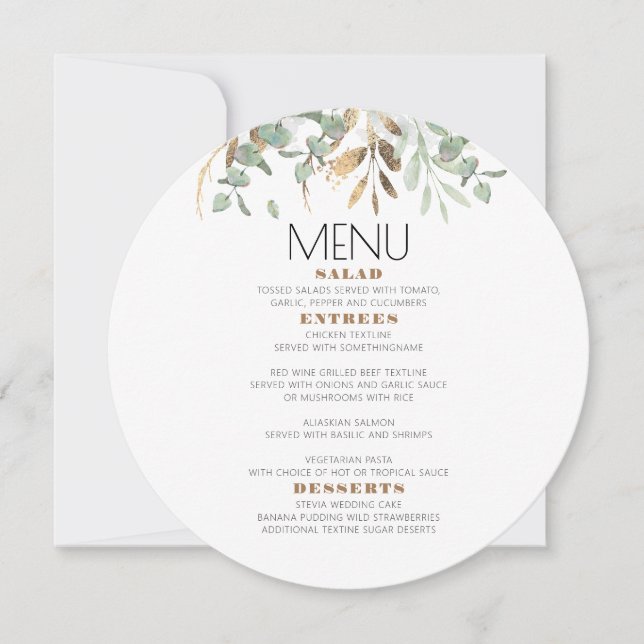 Invitation Gold Green Eucalyptus Feuille Foliage Menu (Devant)