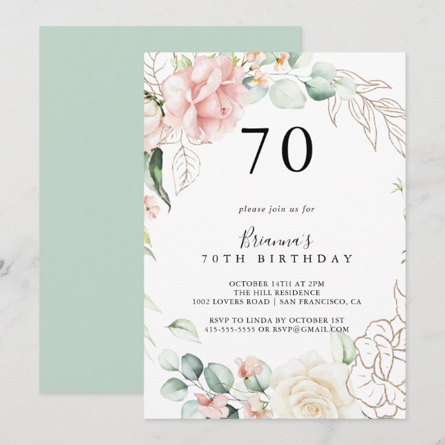 Invitation Gold Green Foliage Floral 70e fête d'anniversaire (Devant / Derrière)