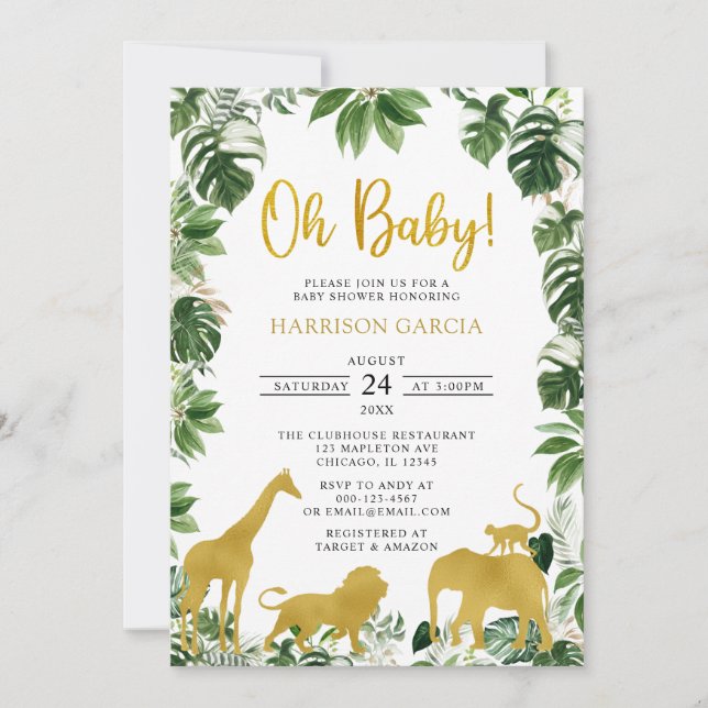 Invitation Gold Green Jungle Safari Animaux Baby shower (Devant)