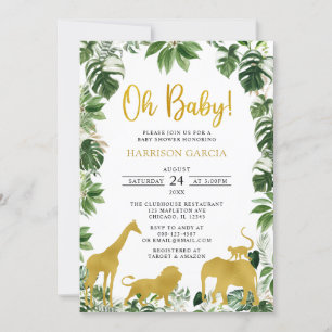Invitation Gold Green Jungle Safari Animaux Baby shower