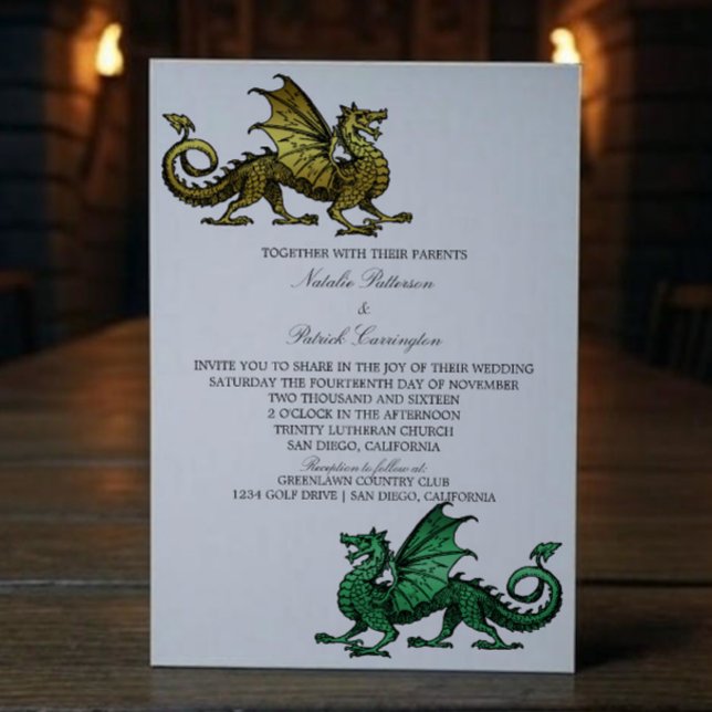 Invitation Gold Green Medieval Dragon Wedding (Gold Green Medieval Dragon Wedding Invite)