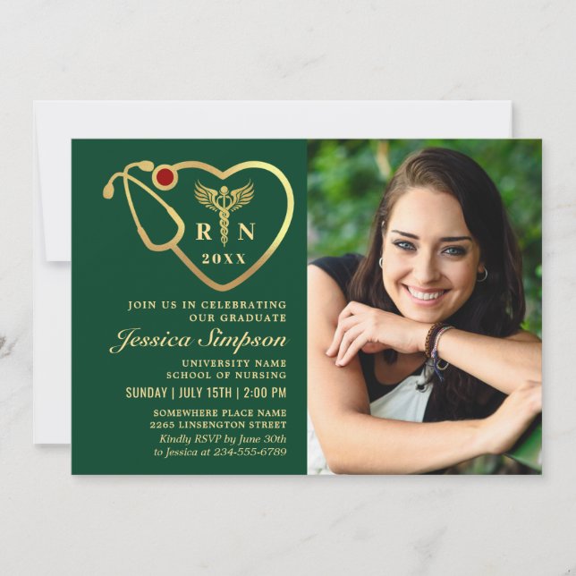 Invitation Gold Green Modern Nursing School Graduation Party (Devant)
