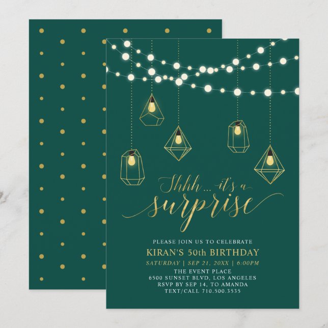 Invitation Gold & Green Modern Surprise 50e fête d'anniversai (Devant / Derrière)