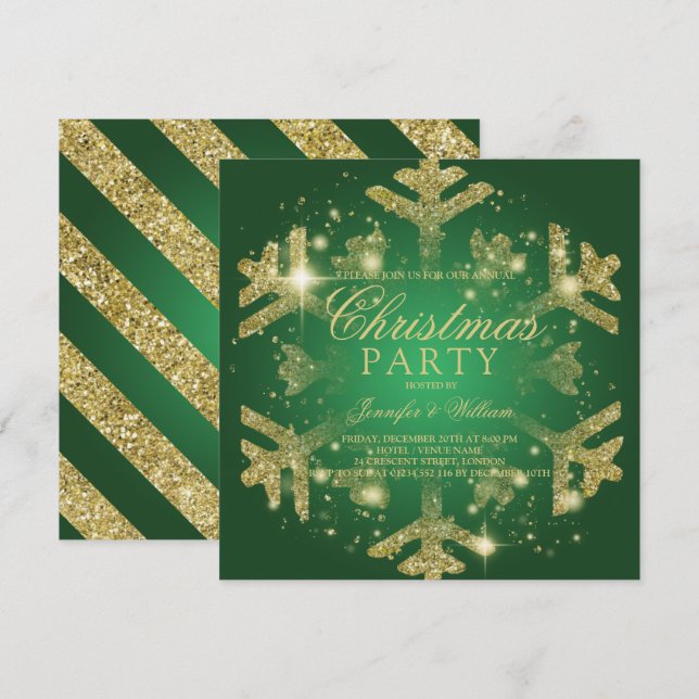Invitation Gold & Green Parties scintillant Feu de neige Fête (Devant / Derrière)