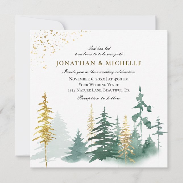 Invitation Gold Green Pine Trees Forêt Mariage chrétien (Devant)