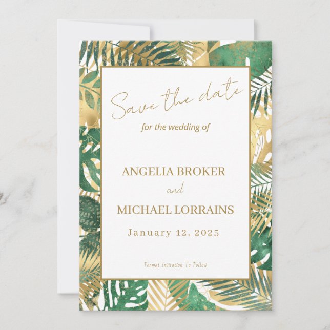 Invitation Gold Green Tropical Feuilles Enregistrer la date (Devant)