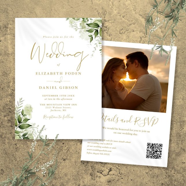 Invitation Gold Greenery Floral QR Code Mariage photo (Gold Greenery Floral QR Code Photo Wedding Invitation)