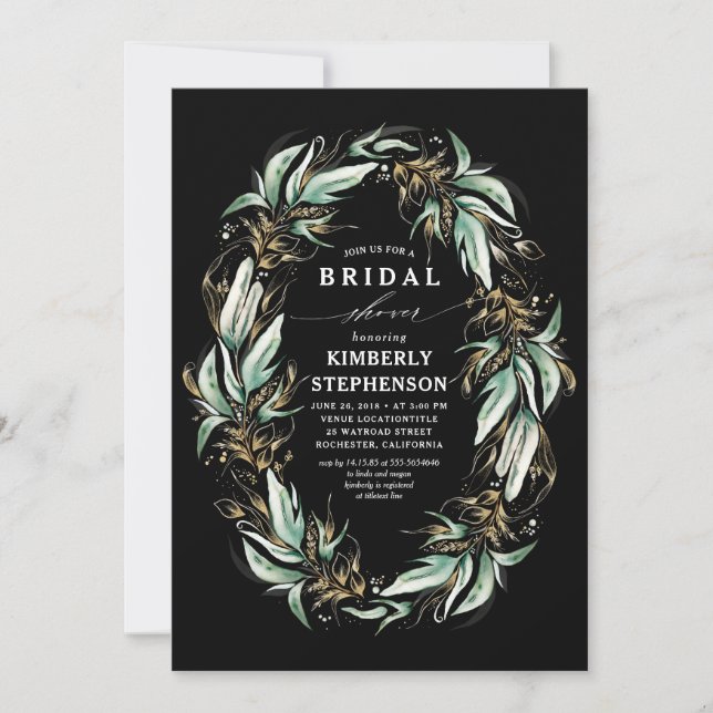 Invitation Gold Greenery Wreath Black Boho Fête de l'mariée (Devant)