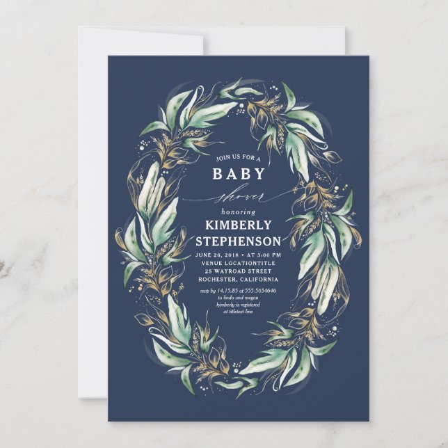 Invitation Gold Greenery Wreath Navy Blue Boho Baby shower (Devant)