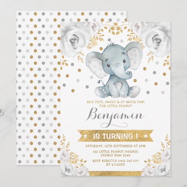 Invitation Gold Grey Jungle Elephant 1er anniversaire (Devant / Derrière)