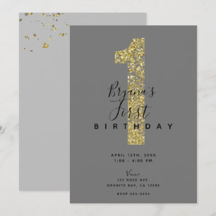 Invitation Gold gris minimum 1 Parties scintillant 1er annive