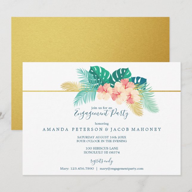 Invitation Gold Hawaii Hibiscus Mariage (Devant / Derrière)