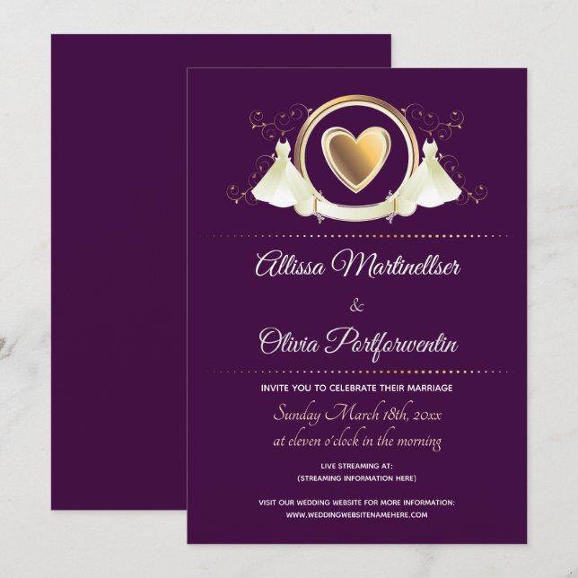 Invitation Gold Heart Femme violet Mariage virtuel (Devant / Derrière)