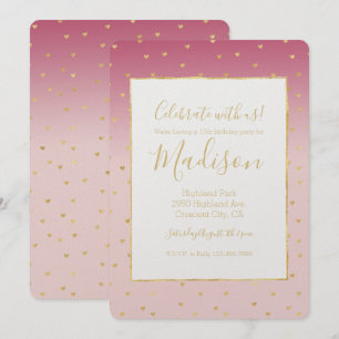 Invitation Gold Hearts Blush Pink Ombre Anniversaire