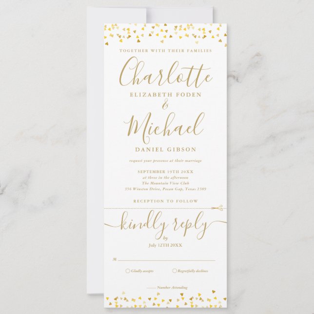 Invitation Gold Hearts Confetti Script Tout en un Mariage (Devant)