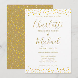 Invitation Gold Hearts Confetti Signature Mariage de script