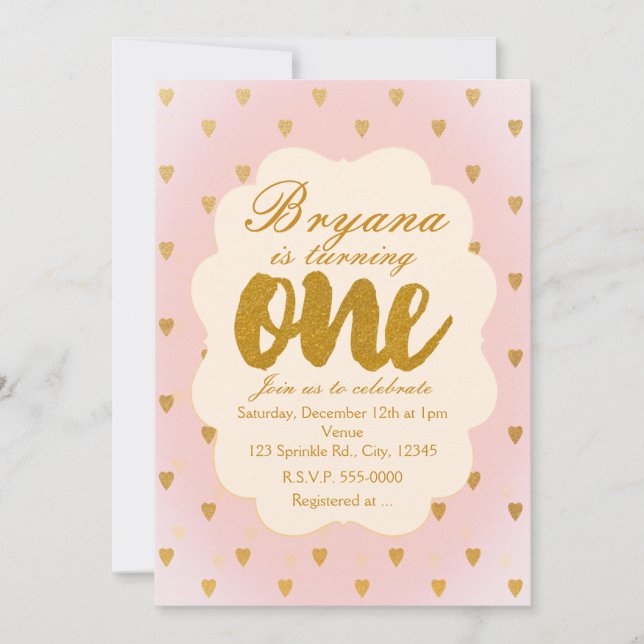 Invitation Gold Hearts & Pink 1er Anniversaire Fête Invitatio (Devant)