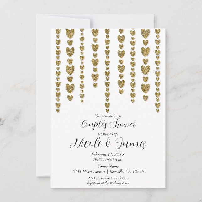 Invitation Gold Hearts Valentine Couple Wedding shower (Devant)