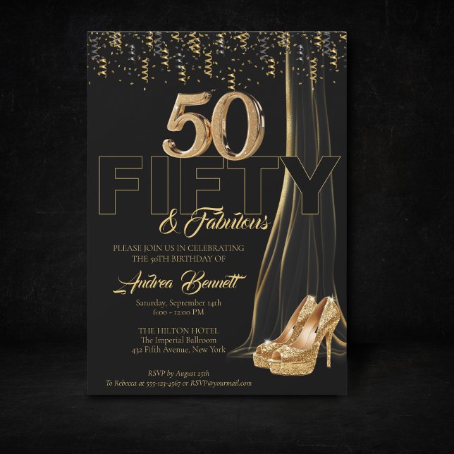 Invitation Gold High Talons Élégant Noir 50 Fabuleux Annivers (50th birthay gold high heels elegant and luxury celebration.)