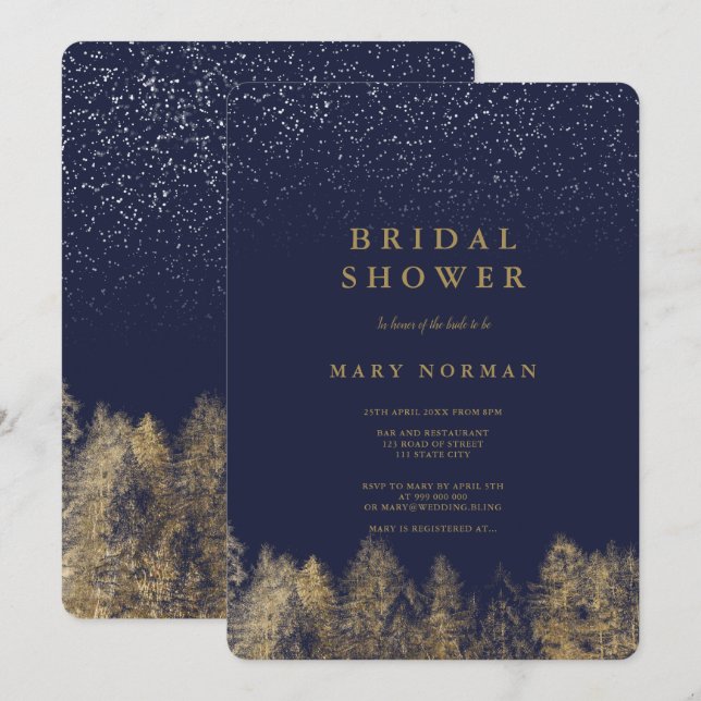Invitation Gold Hiver neige marine pin bleu douche nuptiale (Devant / Derrière)