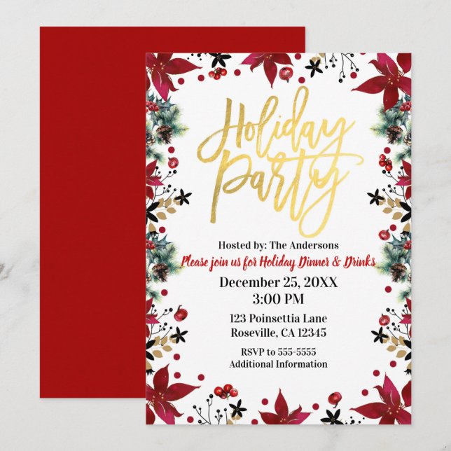 Invitation Gold Holiday Party Poinsettia Floral Noël (Devant / Derrière)