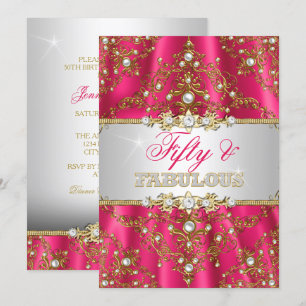 Invitation Gold & Hot Pink Pearl Damask Cinquante et fabuleux
