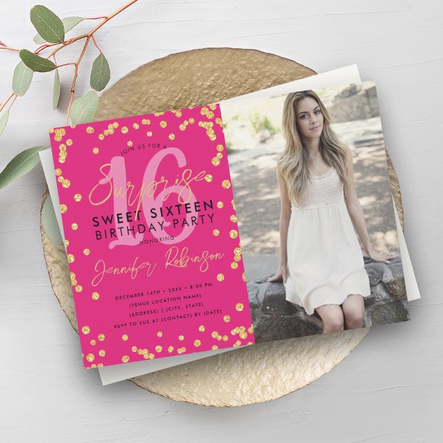 Invitation Gold Hot rose Confetti Photo Surprise Sweet 16 (Gold Hot Pink Confetti Photo Surprise Sweet 16 Invitation)
