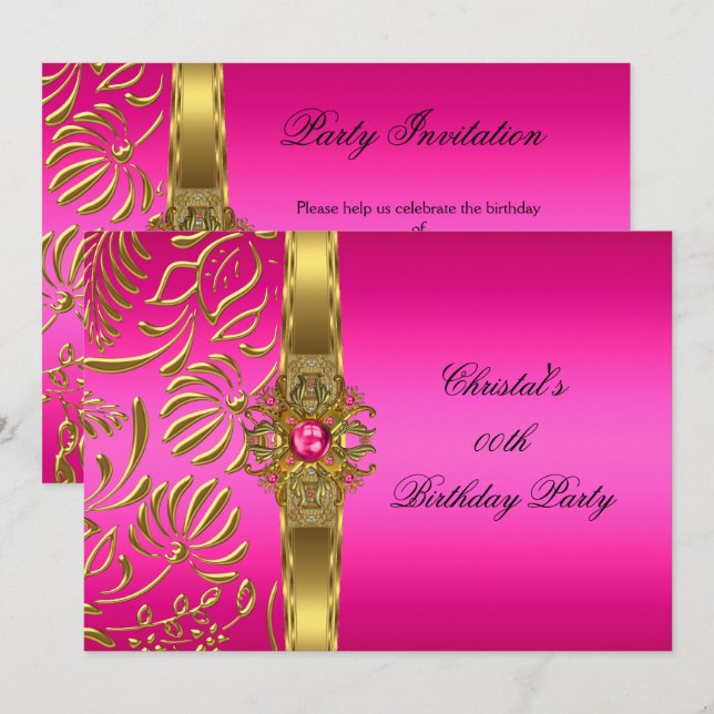Invitation Gold Hot rose Damask Elite Élégante fête d'anniver (Devant / Derrière)